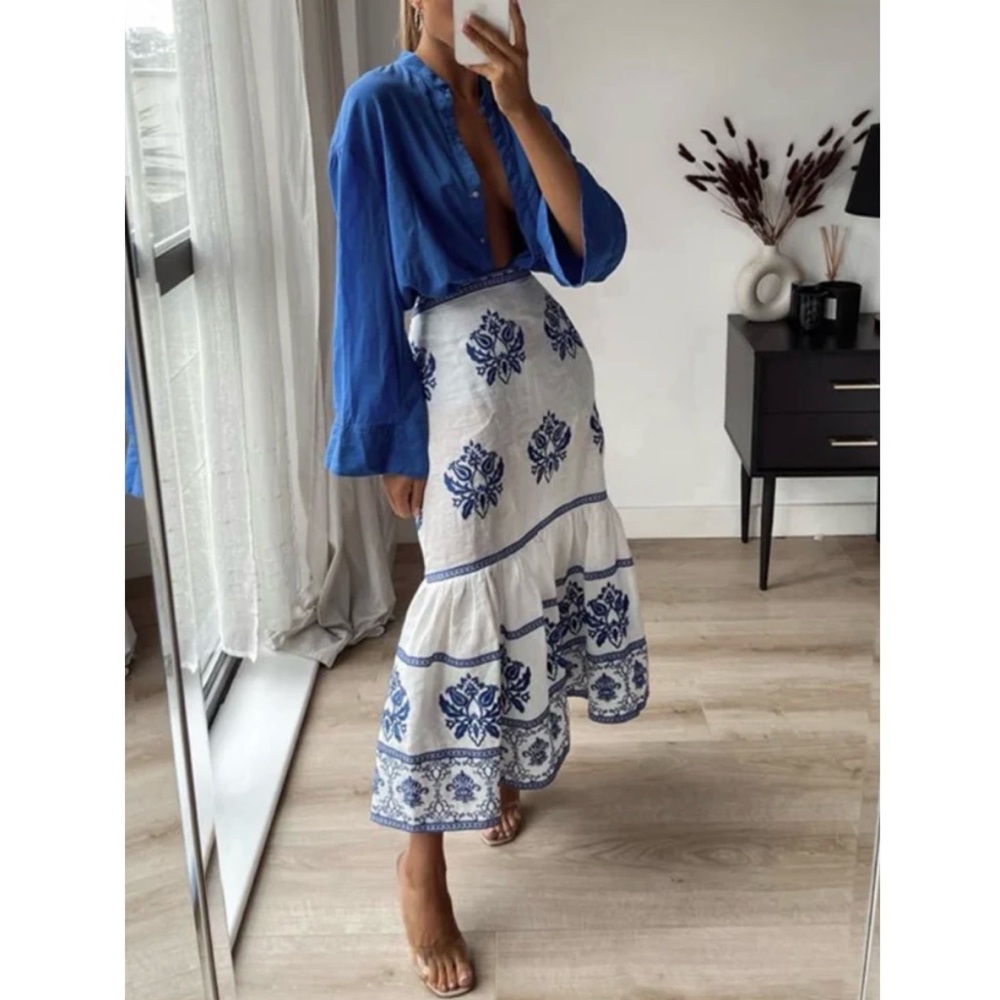 NEW Zara Linen White & Blue Embroidered Floral Tiered Long Skirt Size XS - Picture 10 of 11